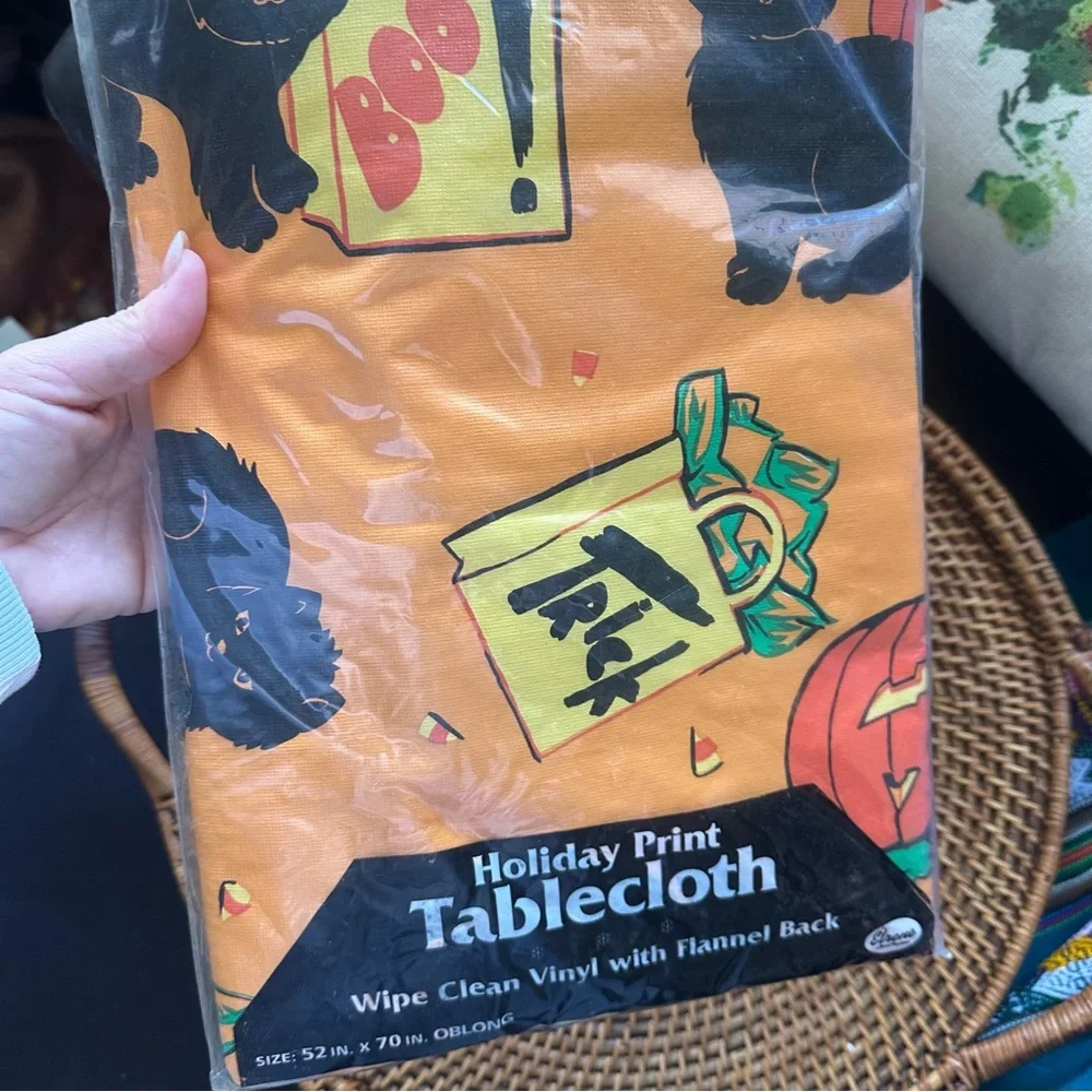Elene Orange Vintage Halloween Cat Pumpkin Oblong Tablecloth New in Package